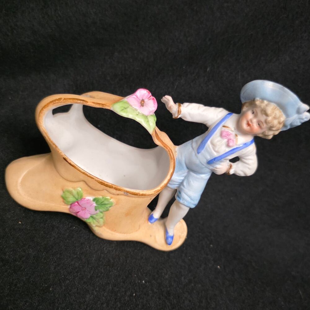 Antique German Bisque Porcelain Figurine Spill Vase / Shoe Planter Victorian Boy